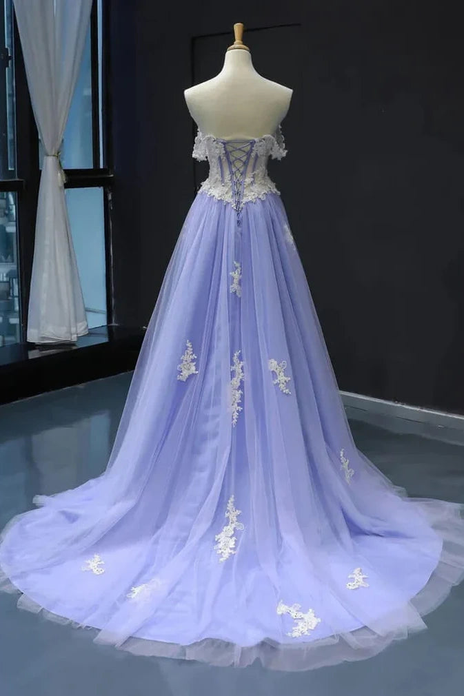 Off-Shoulder Sweetheart Tulle A-Line Lace Appliques Formal Prom Dress