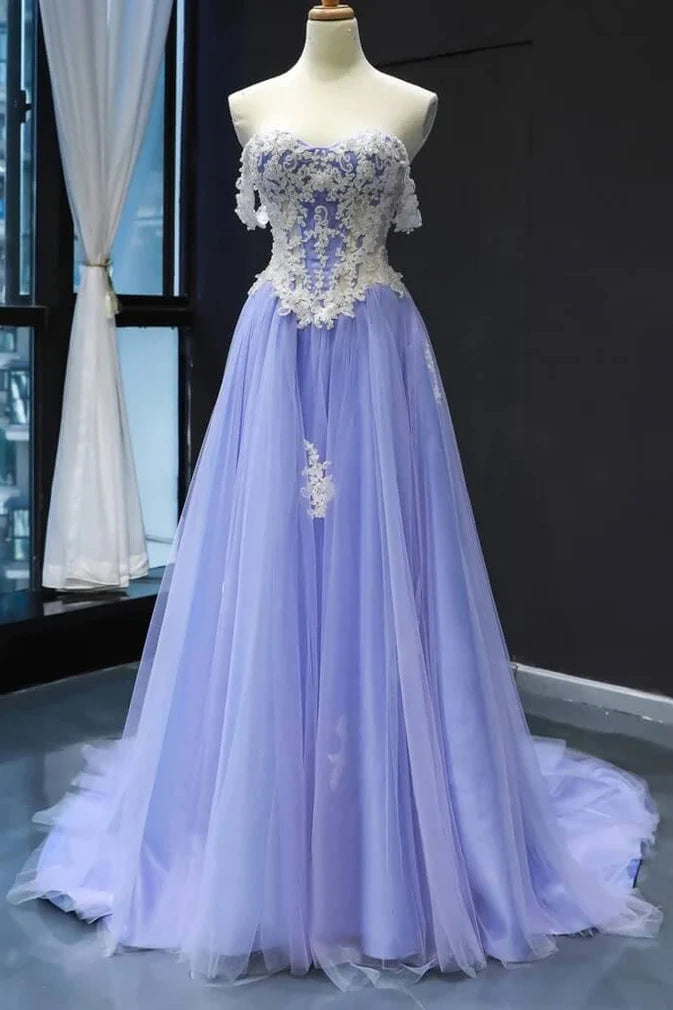 Off-Shoulder Sweetheart Tulle A-Line Lace Appliques Formal Prom Dress