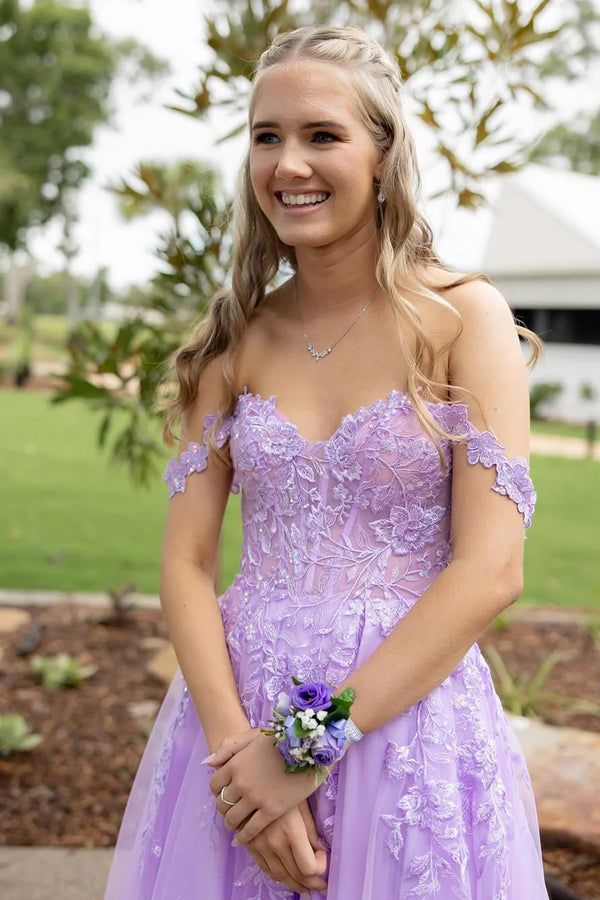 Off-Shoulder Tulle A-Line Lace Appliques Party Prom Dress With Slit