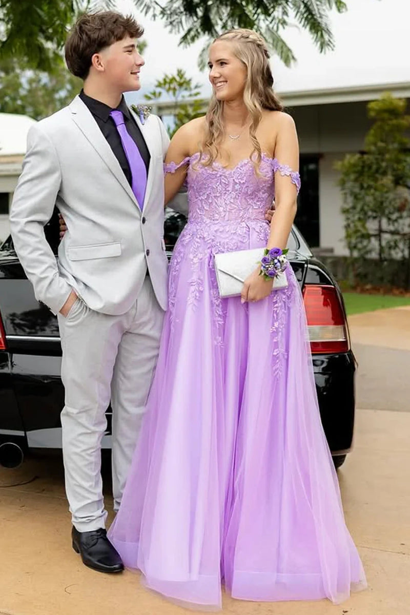 Off-Shoulder Tulle A-Line Lace Appliques Party Prom Dress With Slit