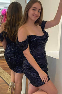 Off-Shoulder Black Sequins Ruched Short Homecoming Dress Side Short 