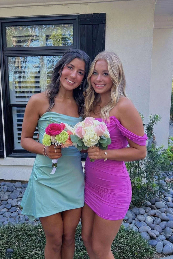 Off Shoulder Ruched Tight Tulle Short Homecoming Dress