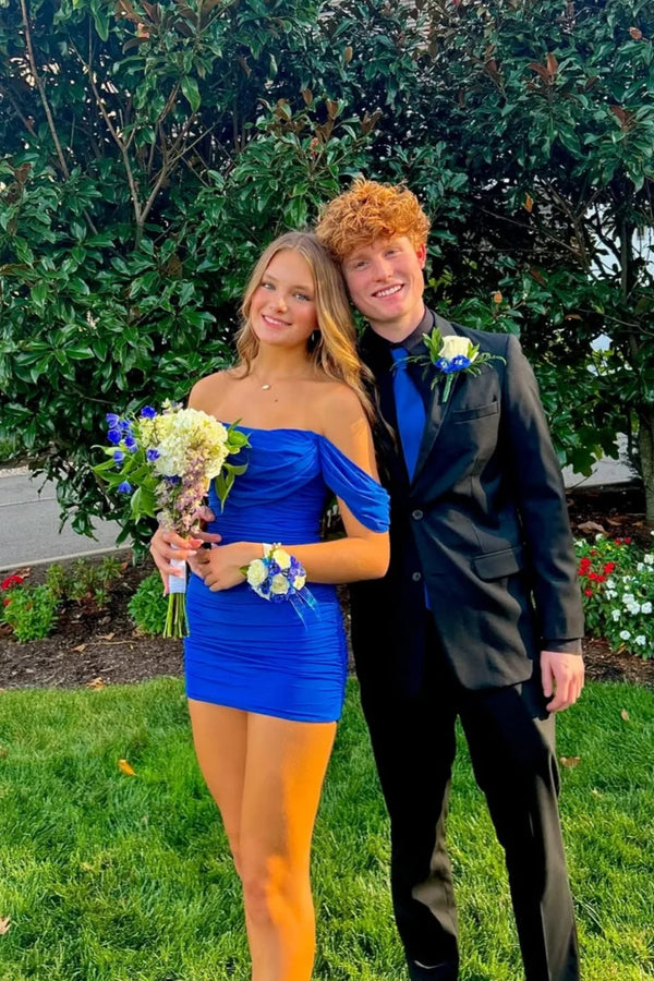 Off Shoulder Ruched Tight Tulle Short Homecoming Dress
