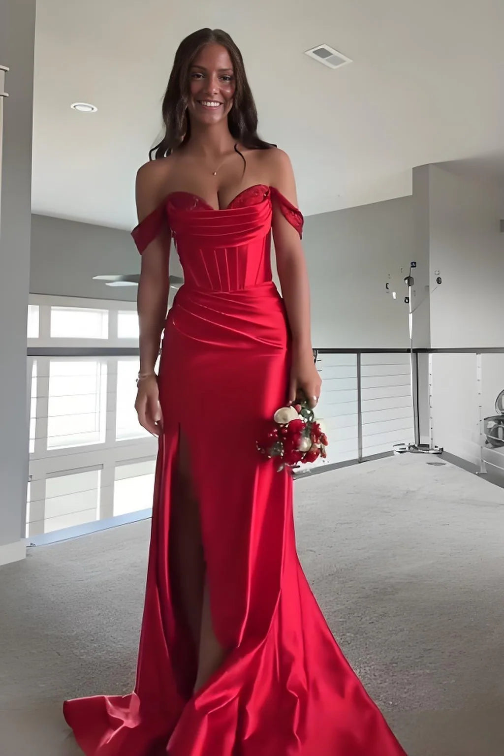 Satin Beaded Off-Shoulder Ruched Mermaid Party Prom Dress