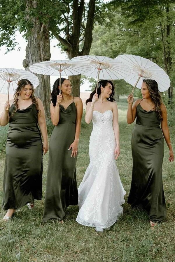 Olive Green Satin Sleeveless Empire Maxi Bridesmaid Dress