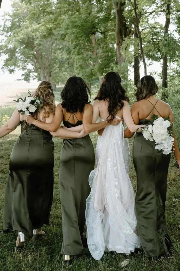 Olive Green Satin Sleeveless Empire Maxi Bridesmaid Dress