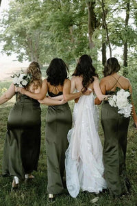 Olive Green Satin Sleeveless Empire Maxi Bridesmaid Dress