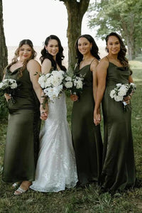 Olive Green Satin Sleeveless Empire Maxi Bridesmaid Dress