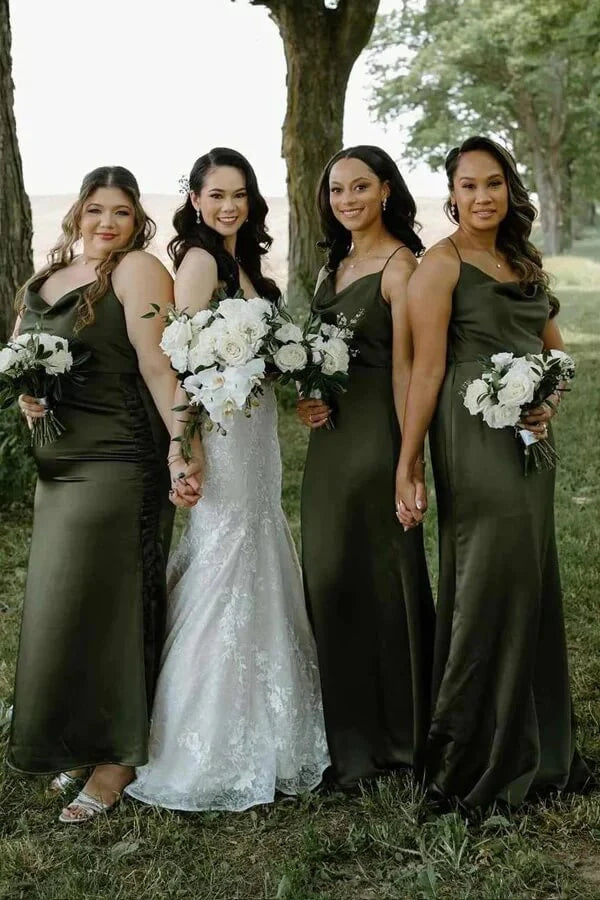 Olive Green Satin Sleeveless Empire Maxi Bridesmaid Dress