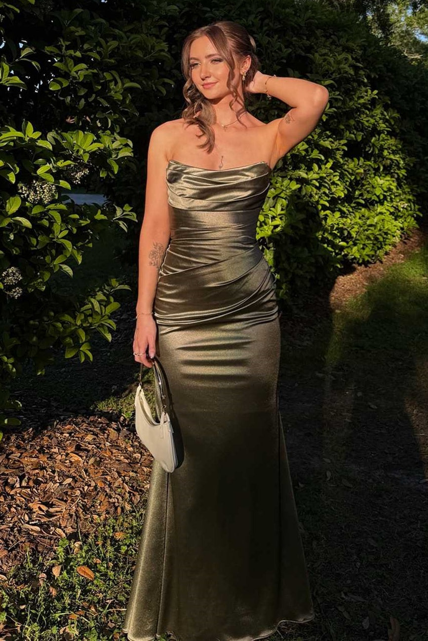 Olive Strapless Ruched Empire Sleeveless Maxi Party Prom Dress