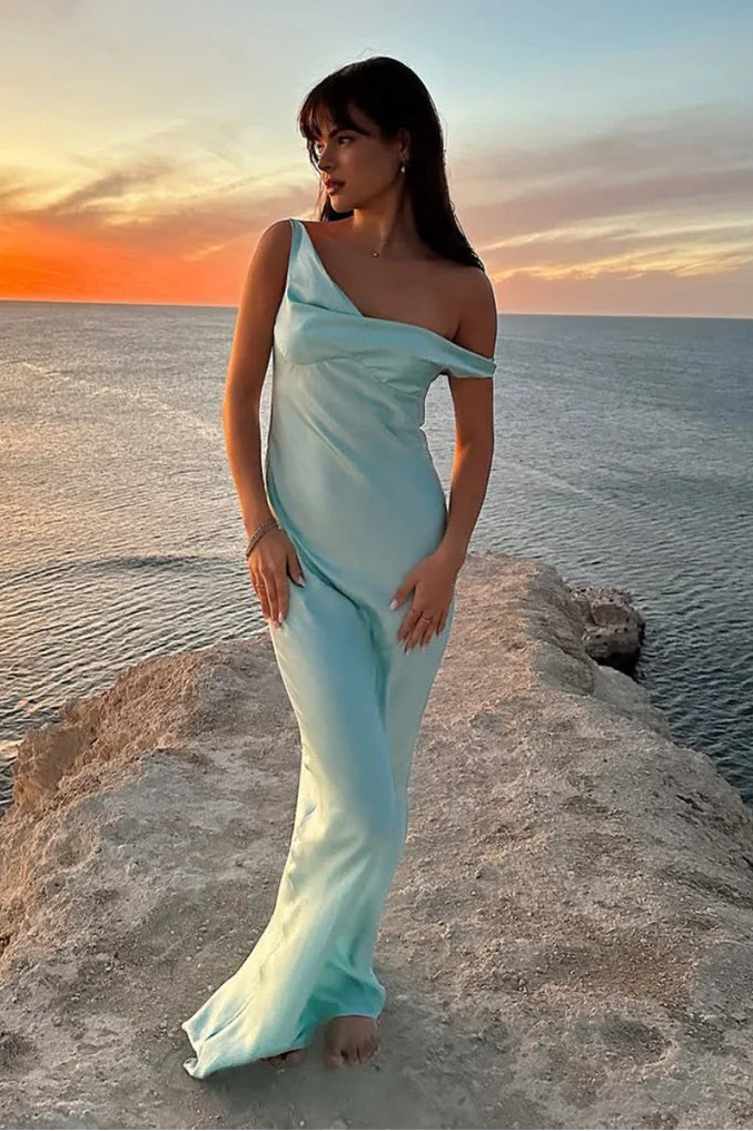 Chic One Shoulder Satin Sheath Maxi Prom Dress