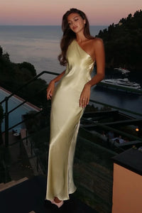 One Shoulder Backless Satin Fitted Maxi Party Prom Dress