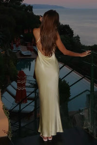 One Shoulder Backless Satin Fitted Maxi Party Prom Dress