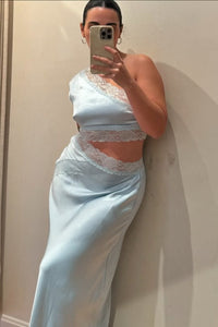 One Shoulder Illusion Empire Fitted Lace And Satin Party Prom Dress