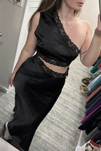 One Shoulder Illusion Empire Fitted Lace And Satin Party Prom Dress