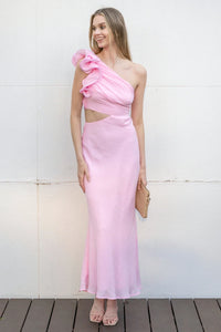 One Shoulder Ruffle Straps Illusion Empire Fitted Party Prom Dress