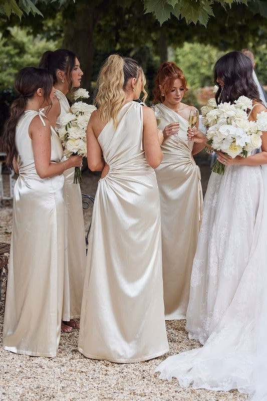 One Shoulder Satin Empire A-Line Bridesmaid Dress With Leg Slit 