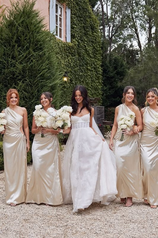 One Shoulder Satin Empire A-Line Bridesmaid Dress With Leg Slit 