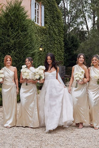 One Shoulder Satin Empire A-Line Bridesmaid Dress With Leg Slit 