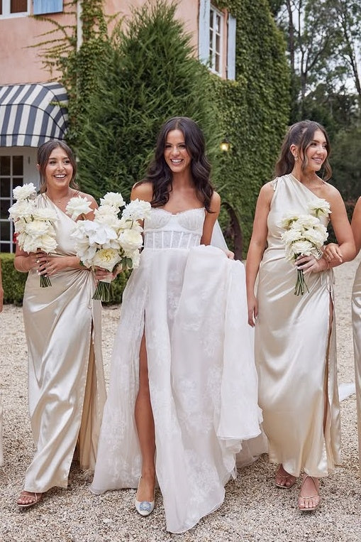 One Shoulder Satin Empire A-Line Bridesmaid Dress With Leg Slit 