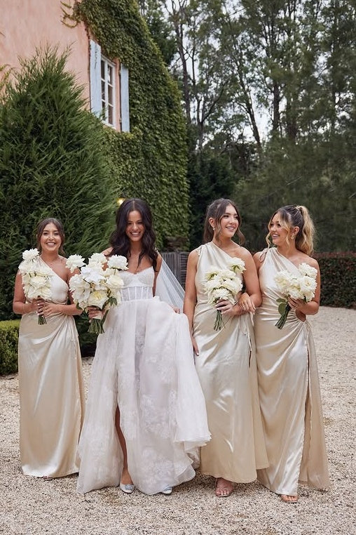 One Shoulder Satin Empire A-Line Bridesmaid Dress With Leg Slit 