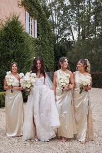 One Shoulder Satin Empire A-Line Bridesmaid Dress With Leg Slit 