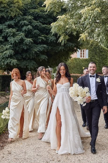 One Shoulder Satin Empire A-Line Bridesmaid Dress With Leg Slit 