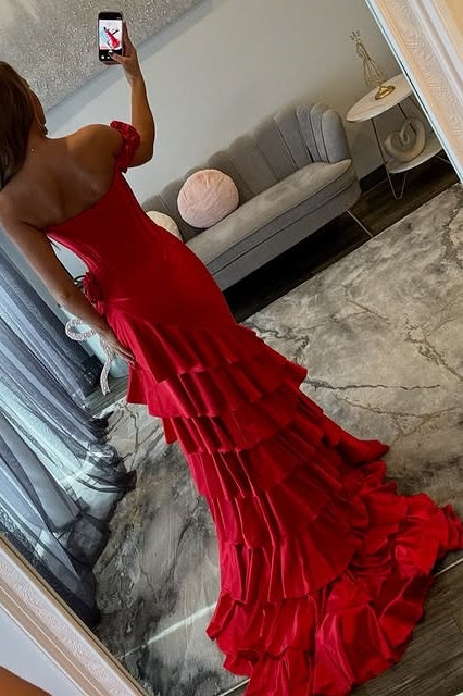One Shoulder Satin Tiered High Slit Party Prom Dress With Train