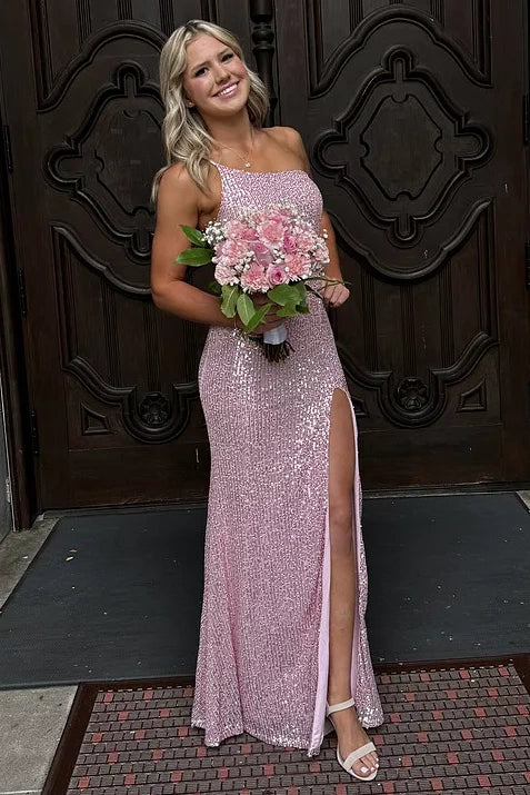 One Shoulder Sleeveless Fully Sequin Maxi Party Prom Dress