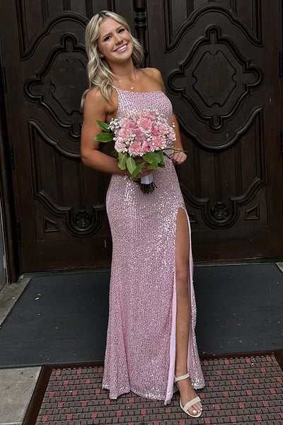 One Shoulder Sleeveless Fully Sequin Maxi Party Prom Dress