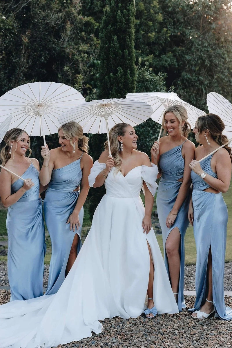 One Shoulder Sleeveless Mermaid Illusion Empire Split Bridesmaid Dress