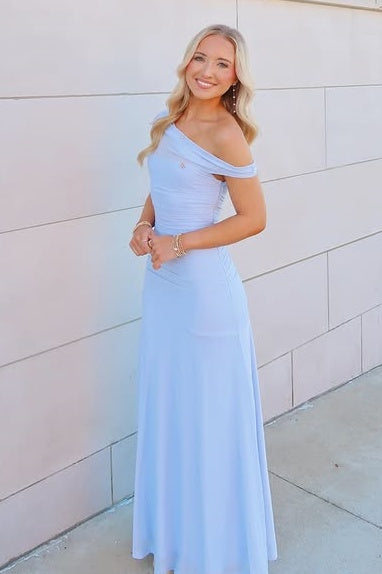 One Shoulder Sleeveless Satin A-Line Maxi Party Prom Dress