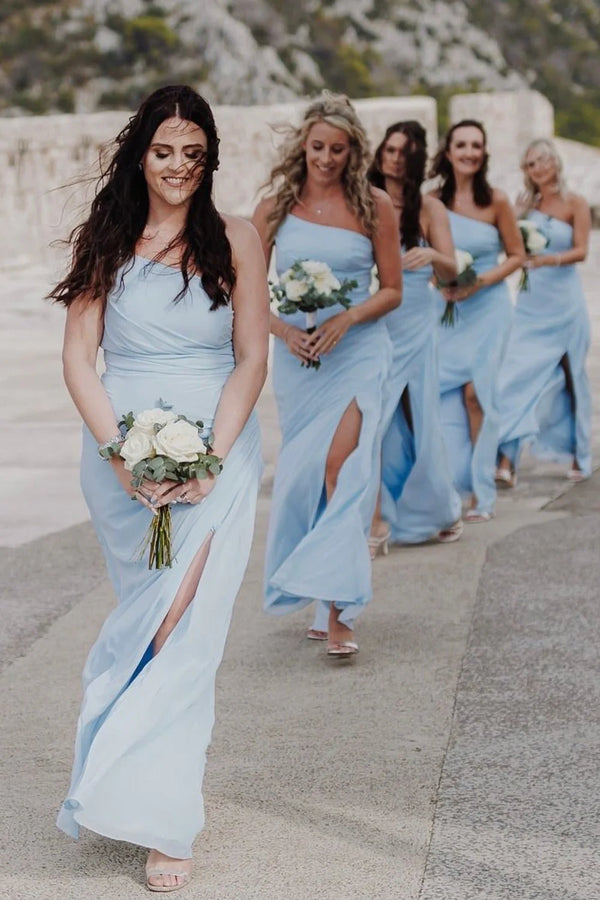 One Shoulder Sleeveless Satin Empire Split Bridesmaid Dress 