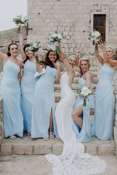 One Shoulder Sleeveless Satin Empire Split Bridesmaid Dress 
