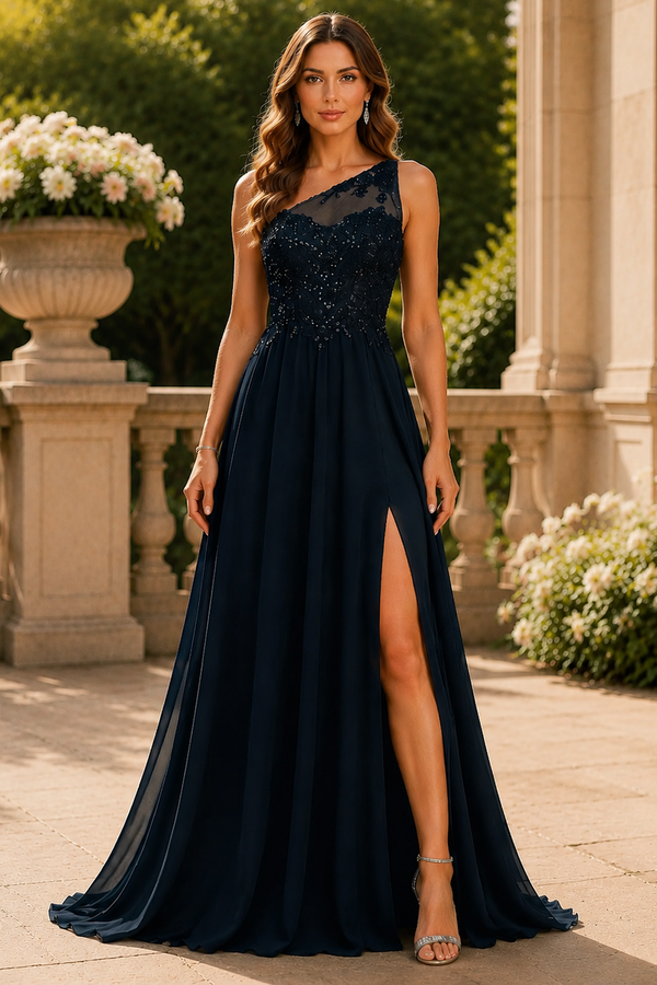 One Shoulder Split A-Line Lace And Chiffon Mother Of The Bride Dress 