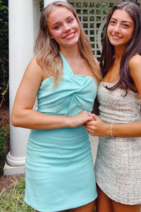 Fitted One Shoulder Twist Hot Pink Knot Mini Dress