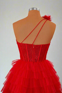 One Shoulder Red Lace Corset Ruffle Short Homecoming Dress-Fancyvestido