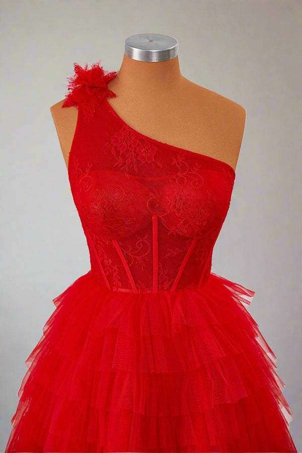 One Shoulder Red Lace Corset Ruffle Short Homecoming Dress Front Shot