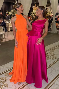 Orange High Neck Sleeveless Empire A-Line Pleated Evening Prom Dress