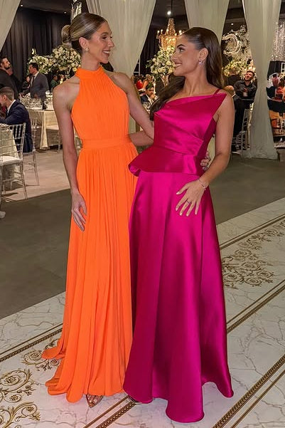 Orange High Neck Sleeveless Empire A-Line Pleated Evening Prom Dress