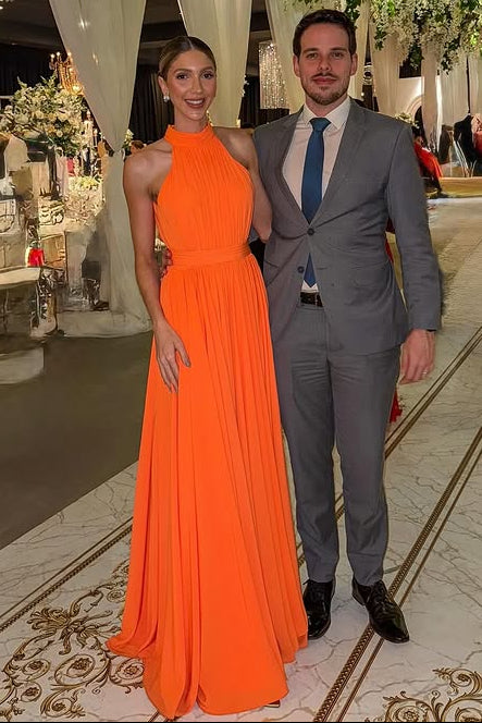 Orange High Neck Sleeveless Empire A-Line Pleated Evening Prom Dress