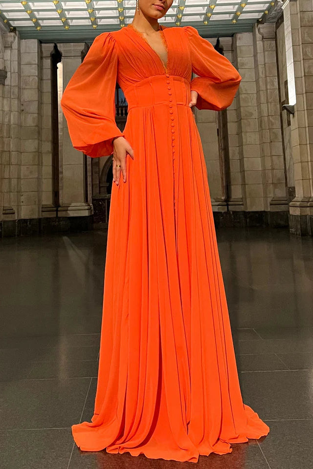 Orange V-Neck Long Sleeves Chiffon A-Line Party Evening Dress