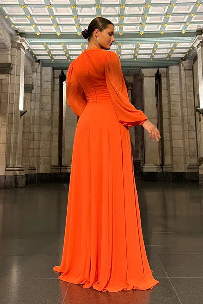 Orange V-Neck Long Sleeves Chiffon A-Line Party Evening Dress