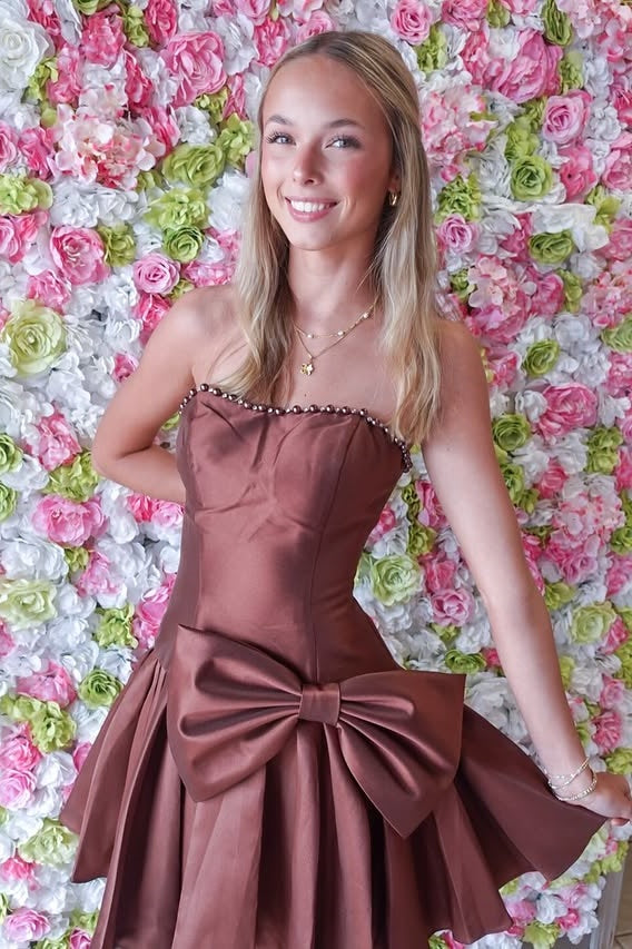 Pearl Satin Pleated A-Line Empire Homecoming Dress With Bow