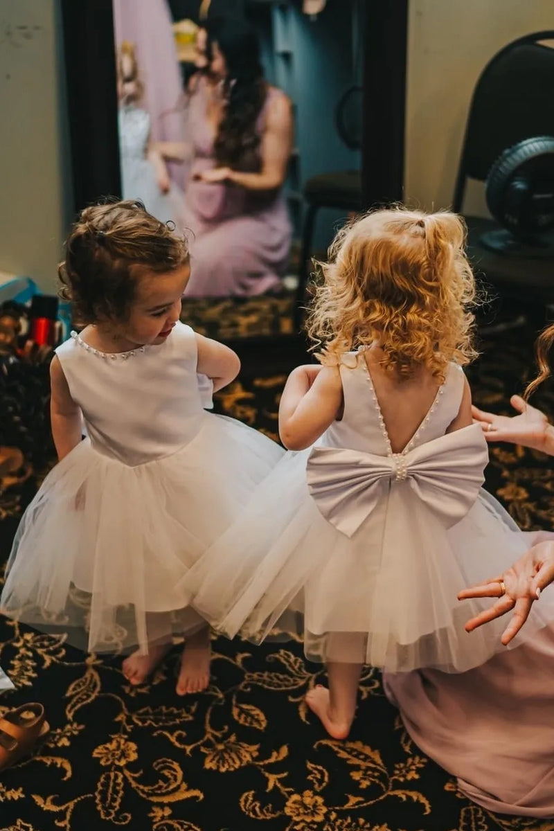 Pearl Scoop A-Line V-Back Flower Girl Dress With Bow