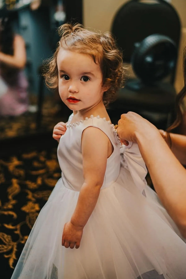Pearl Scoop A-Line V-Back Flower Girl Dress With Bow