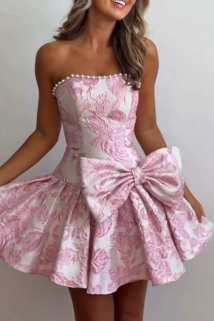 Pearl Straps A-Line Satin Floral Print Mini Homecoming Dress With Bow