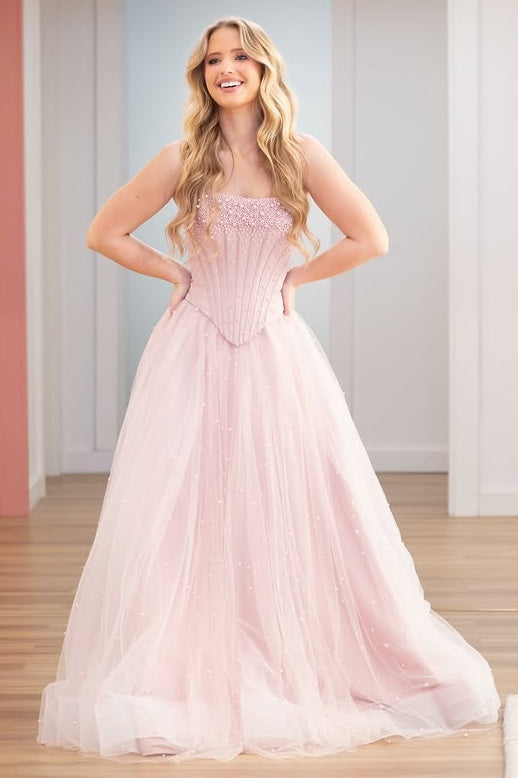 Pearl Top Satin And Tulle A-Line Empire Strapless Party Prom Dress