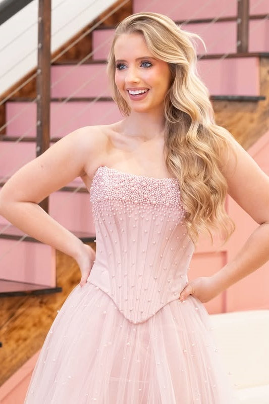 Pearl Top Satin And Tulle A-Line Empire Strapless Party Prom Dress