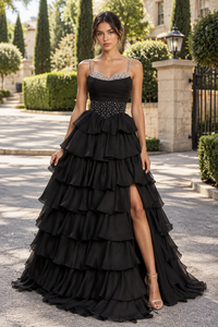 Pearl Top Spaghetti Straps A-Line Tiered Formal Prom Dress